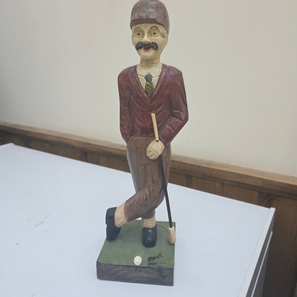 Vintage Golfer Statue Hand Carved Wood Folk Art‎ Golfer Figurine Decor - Picture 1 of 6